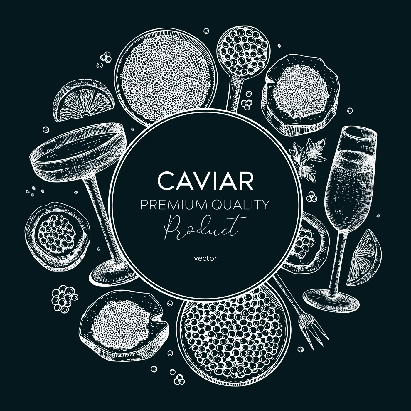Caviar and champagne wreath design on chalkboard. Hand drawn menu template with red caviar canape, canned black caviar, sparkling wine bottle, glasses sketches. Seafood vintage background Illustration